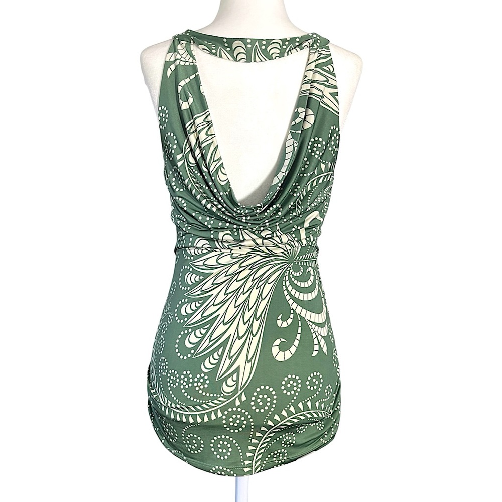 Y2K Vintage Paisley Swirl Draped Cowl Ruched Sage Green Wrap Tank Top Medium - Picture 5 of 10